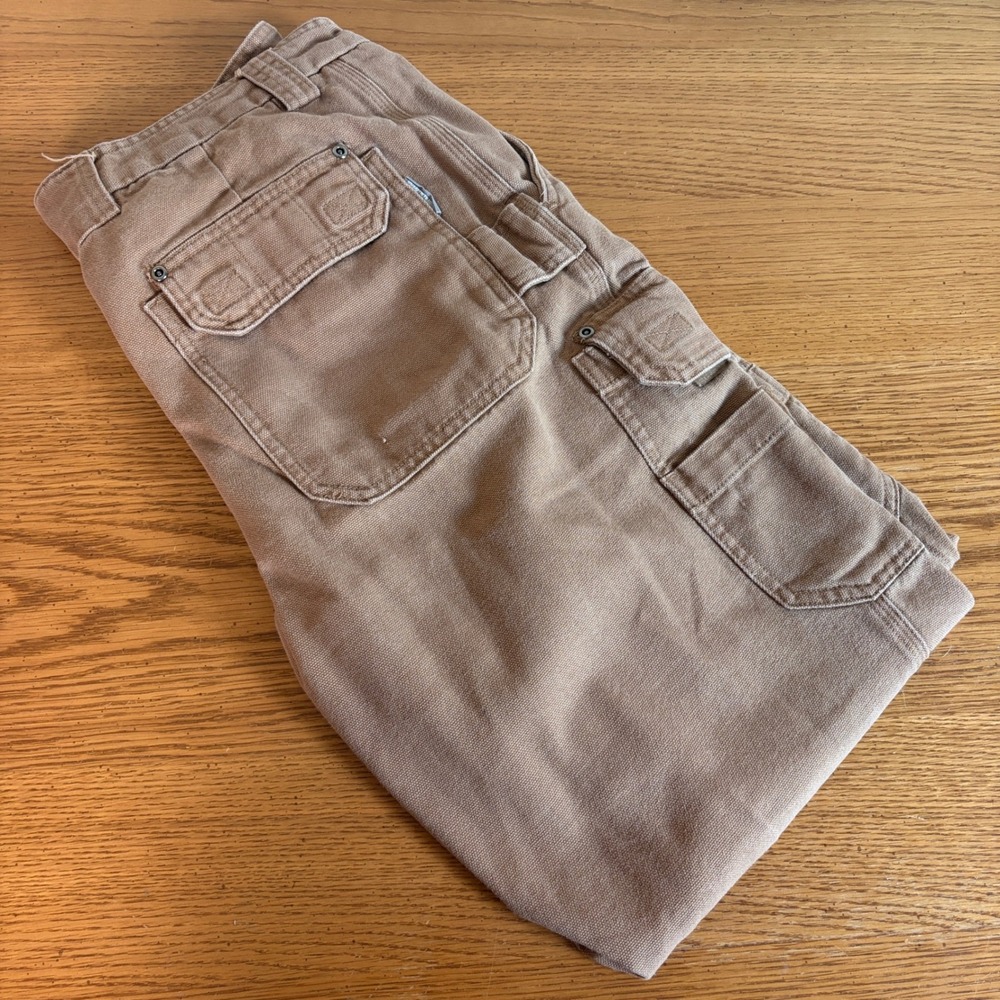 Duluth Trading Co Mens 34x32 Relaxed Fit Canvas Cargo Work Pants Brown Cotton